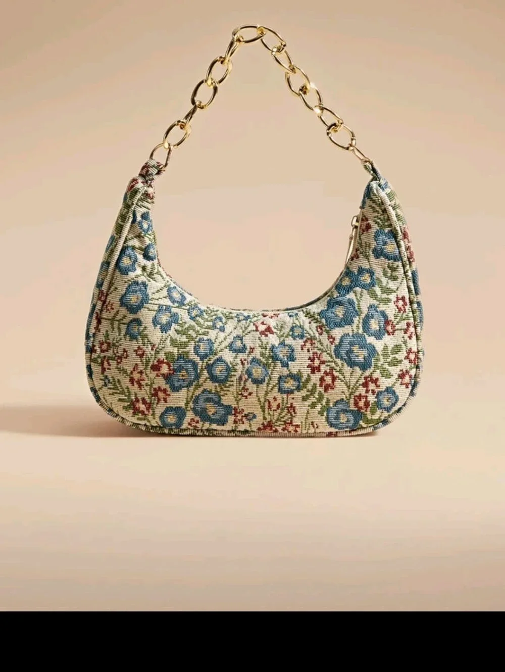 BRAND NEW ** Floral Tapestry Shoulder Bag with Gold Chain Handle - Blue/Green